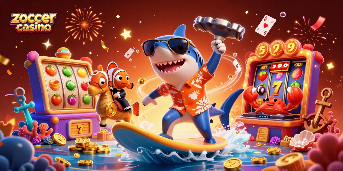 Zoccer casino offers thrilling slot action with a cartoon shark surfing gold coins surrounded by gaming elements.