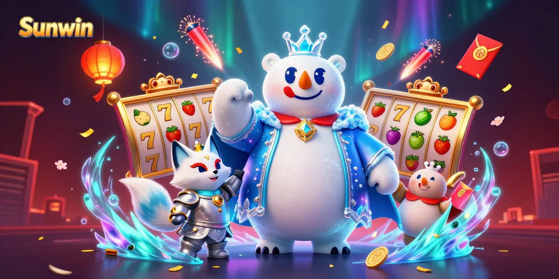 Experience Sunwin with colorful slots and vibrant celebration elements in this dynamic casino scene.