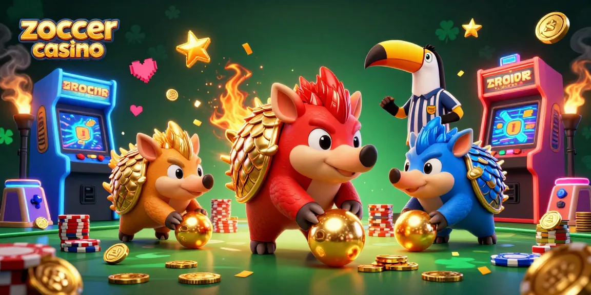 Zoccer Casino features a dynamic illustration of rival pangolins bowling with chips, celebrating wins and gaming excitement.