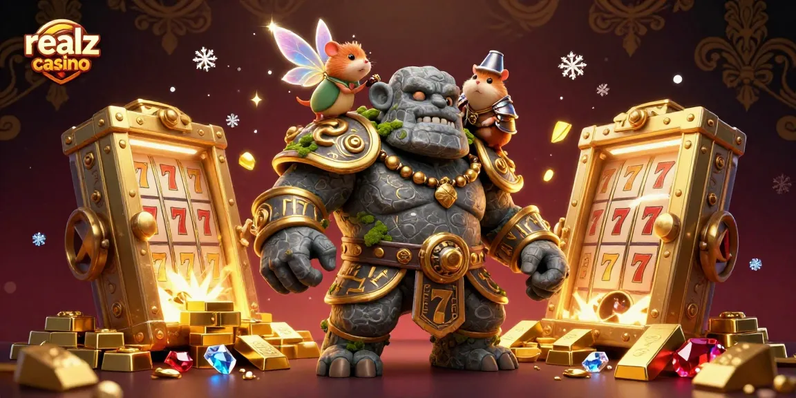 Engage in the realz casino excitement with lively characters surrounded by treasure-filled slot elements.