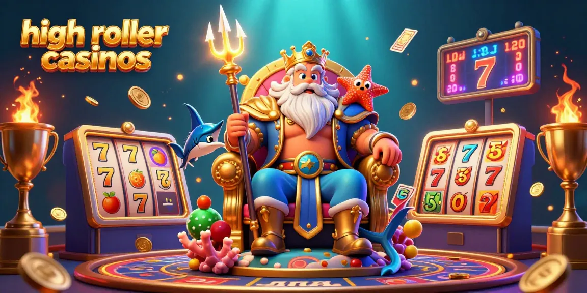 Experience exciting high roller casinos with this vivid illustration of Neptune and slot elements.
