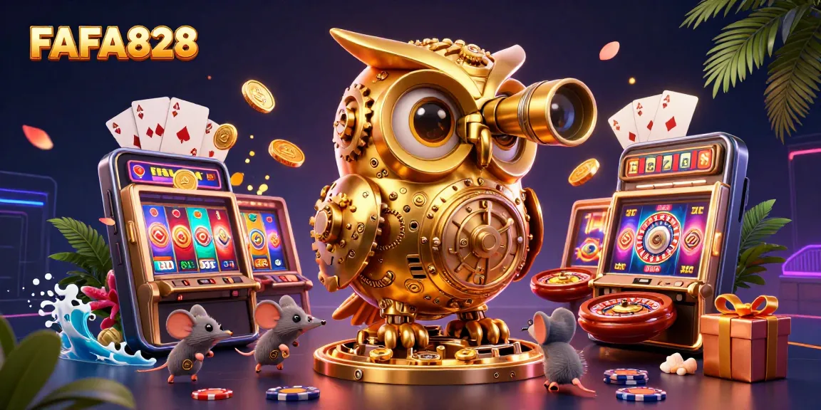 Experience FAFA828 with a vibrant casino scene featuring a golden owl and exciting gaming elements.